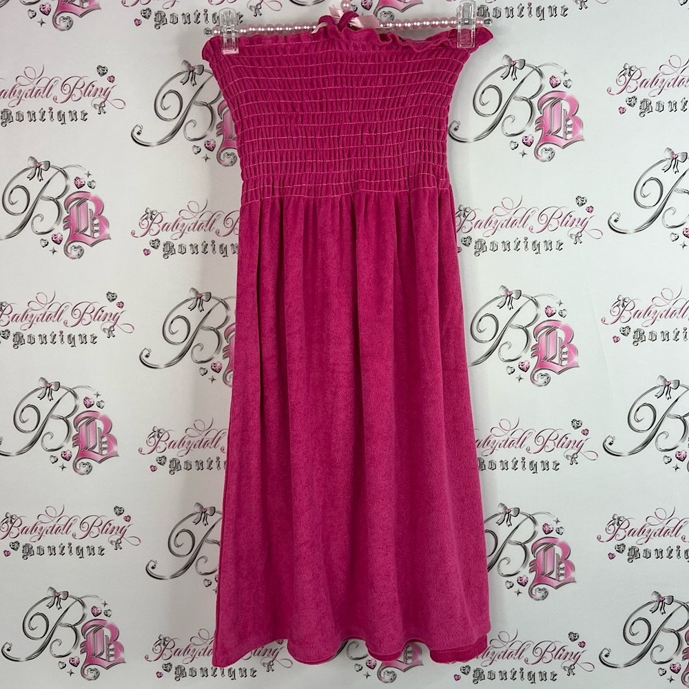 Exist dress smocked stretchy strapless or halter Fuchsia Smocked towel Dress